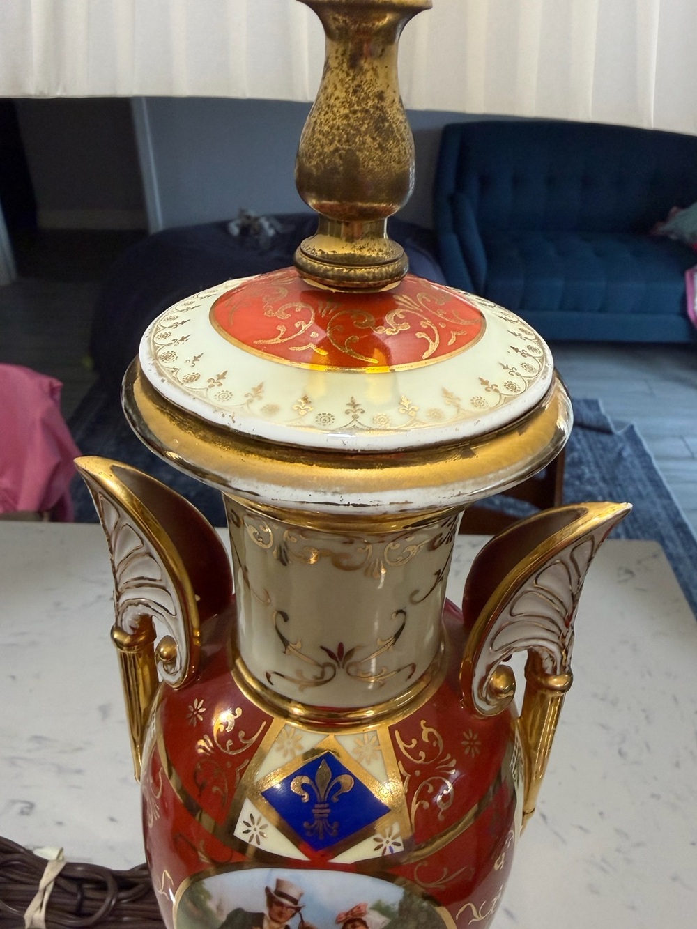 Pair Of Antique French Sevres Porcelain & Bronze Table Lamps, 32". Pair 24k Gold - Picture 5 of 16